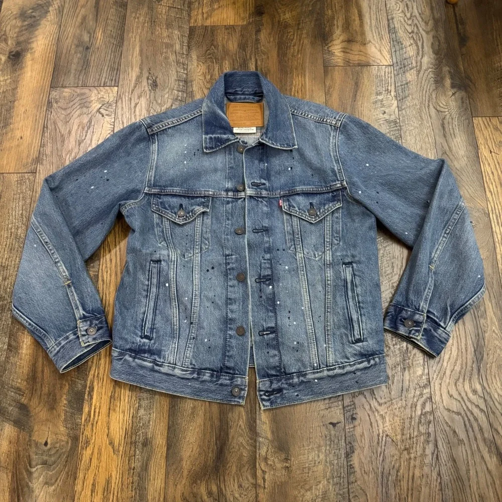 Levi's Premium Vintage Fit‎ Denim Trucker Jacket Paint Splatter Blue Size Small